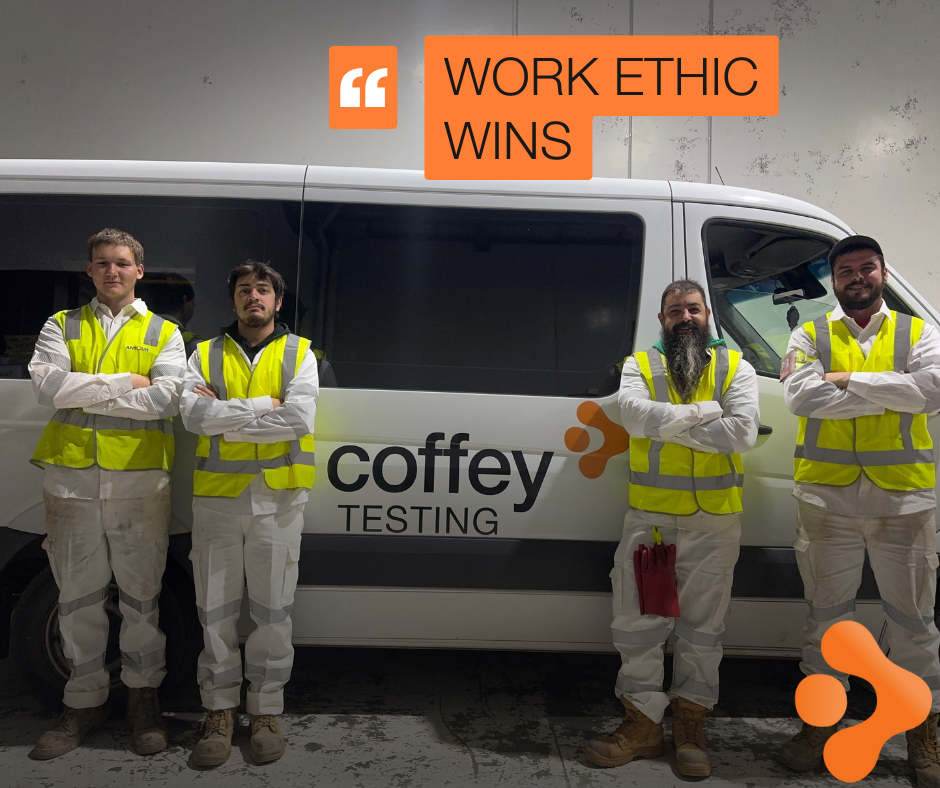 Coffey Testing night shift team at Melbourne Airport preparing for overnight materials testing work